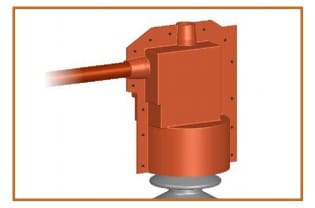 Terracotta pre-formed cover fitted over a bus standoff insulator, a horizontal round bus entering through a moulded spout on the left and a bolted flange plate standing behind the body